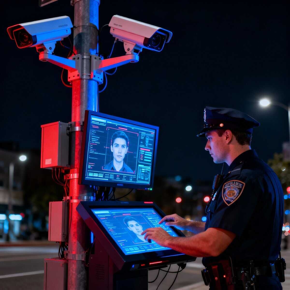 Assistenza virtuale: Immagine di un ufficiale di polizia che utilizza tecnologie avanzate di riconoscimento facciale su un monitor digitale, all'aperto di notte, con telecamere di sorveglianza installate su un palo.