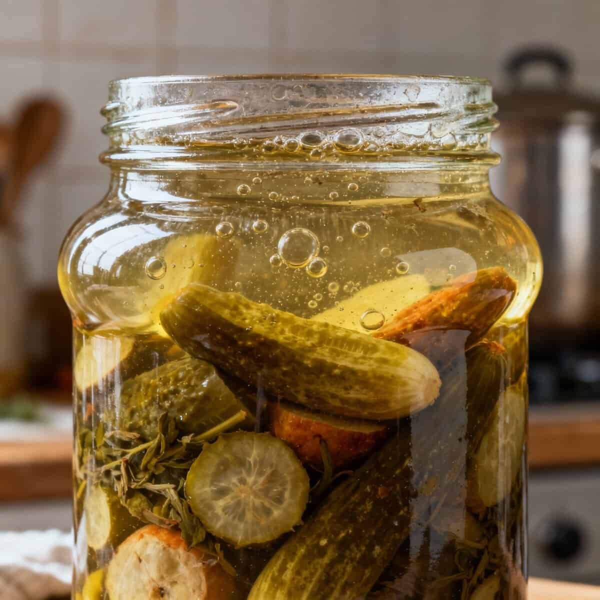 Cetrioli sottaceto in barattolo di vetro, processo di fermentazione naturale, conserve fatte in casa, cucinare con verdure, ingredienti salutari.