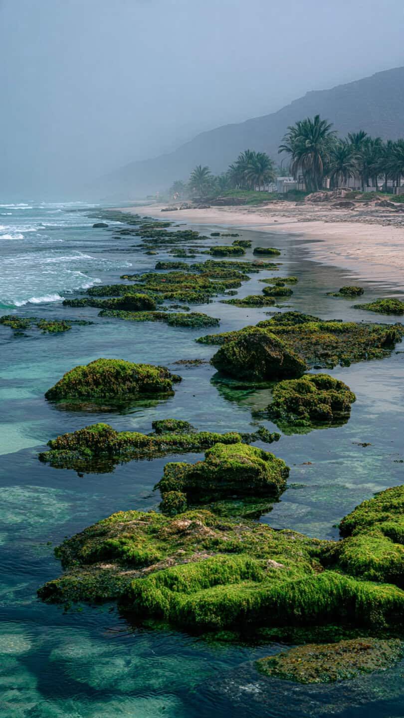 Spiaggia con rocce muschiose, acque cristalline e palme, paesaggio naturale suggestivo ideale per relax e fotografia.