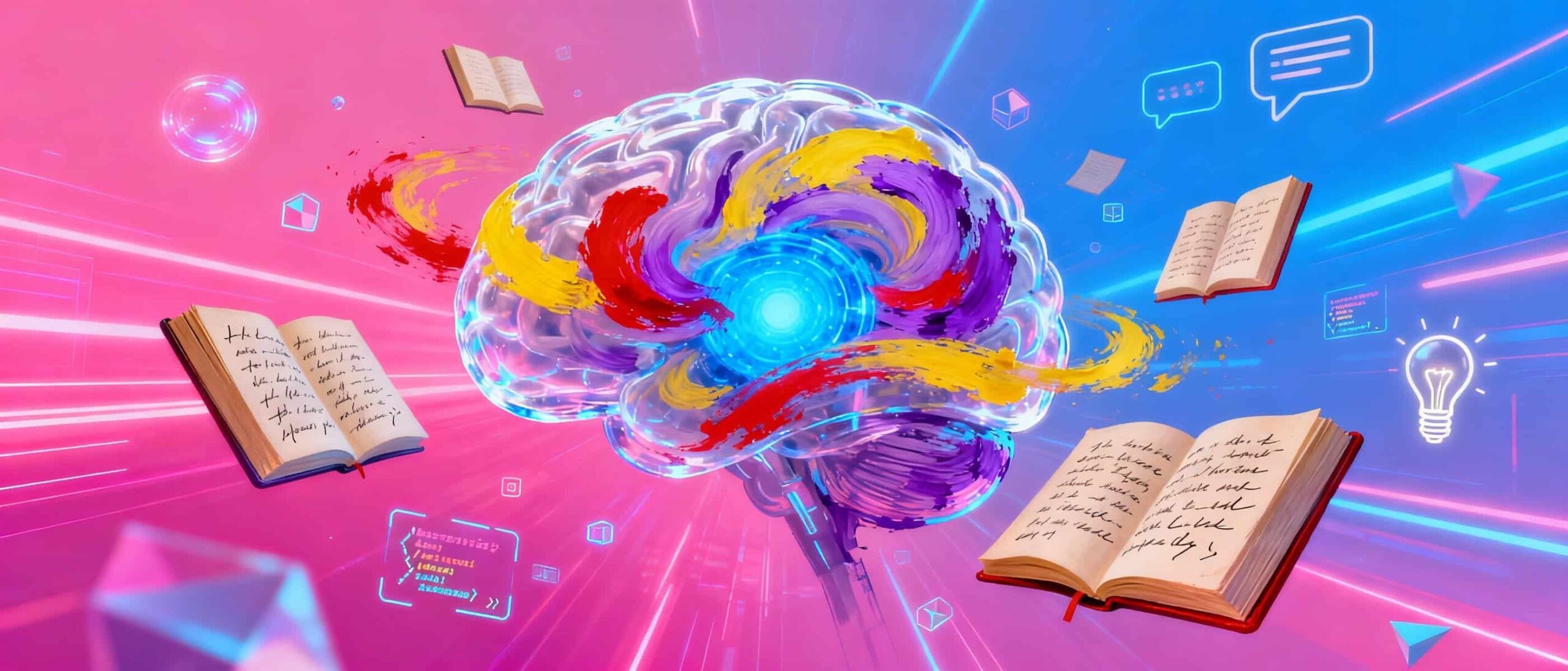 Pensiero creativo e intelligenza artificiale: cervello digitale con libri, fumetti e luci neon colorate.