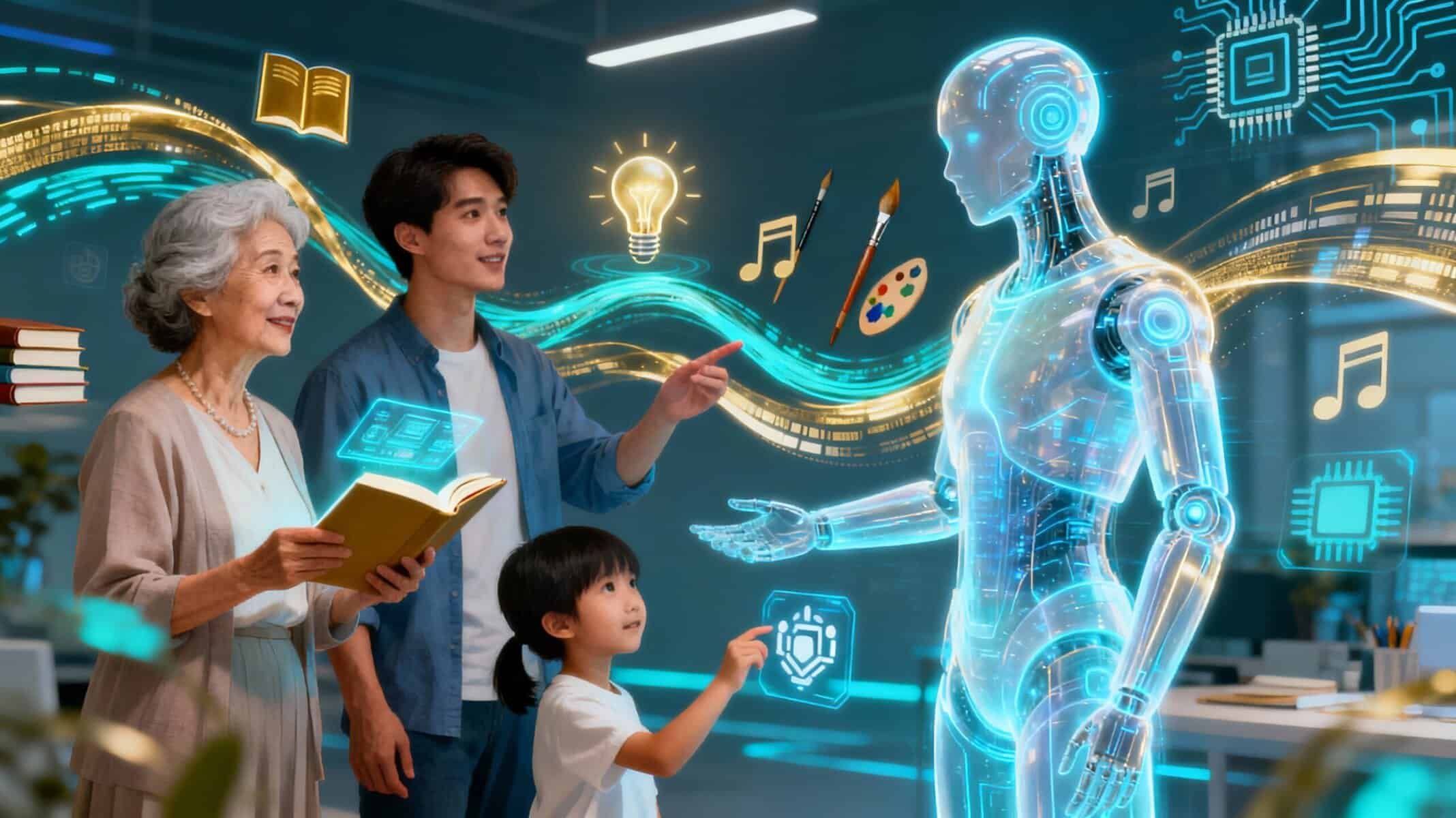 Intelligenza artificiale e tecnologia futuristica interagiscono con persone di diverse età in un ambiente innovativo, rappresentando l'integrazione tra umanità e robot nell'era digitale.