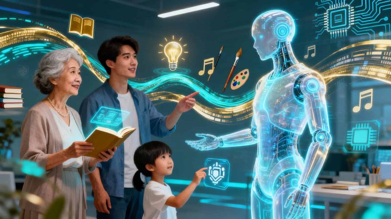 Il potere dei video nel marketing moderno: come l’AI sta cambiando le regole della comunicazione visiva 3 Intelligenza artificiale e tecnologia futuristica interagiscono con persone di diverse età in un ambiente innovativo, rappresentando l'integrazione tra umanità e robot nell'era digitale.