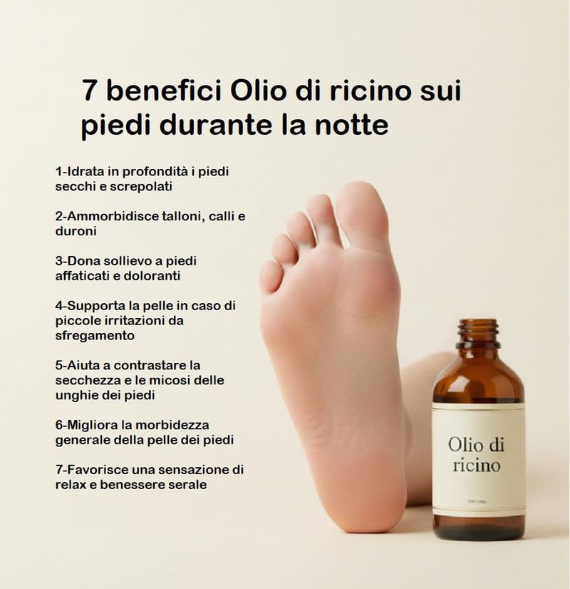 Perché Olio di ricino fa bene ai piedi (7 benefici da provare di notte) 2 Olio di ricino per i piedi: Perché Olio di ricino fa bene ai piedi (7 benefici da provare di notte). Olio di ricino naturale per idratare, ammorbidire, alleviare il dolore e migliorare la salute dei piedi. Scopri i benefici dell'olio di ricino per la cura dei piedi durante la notte.