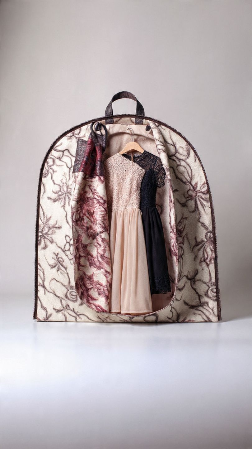 Valigia porta vestiti elegante con abiti da sera, include un vestito color crema e uno nero in stile cocktail, pronta per viaggio o evento speciale.