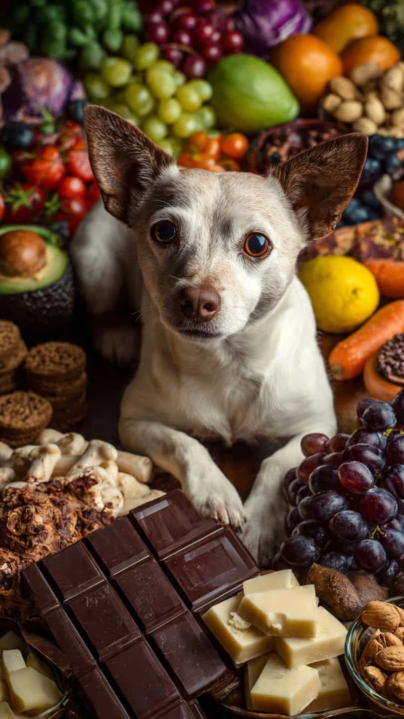 Perché alcuni cibi sono pericolosi per i cani: cibi tossici da evitare 5 Cane piccolo circondato da cioccolato, frutta e dolci vari, con espressione attenta. Perfetto per appassionati di dessert e snack sani.