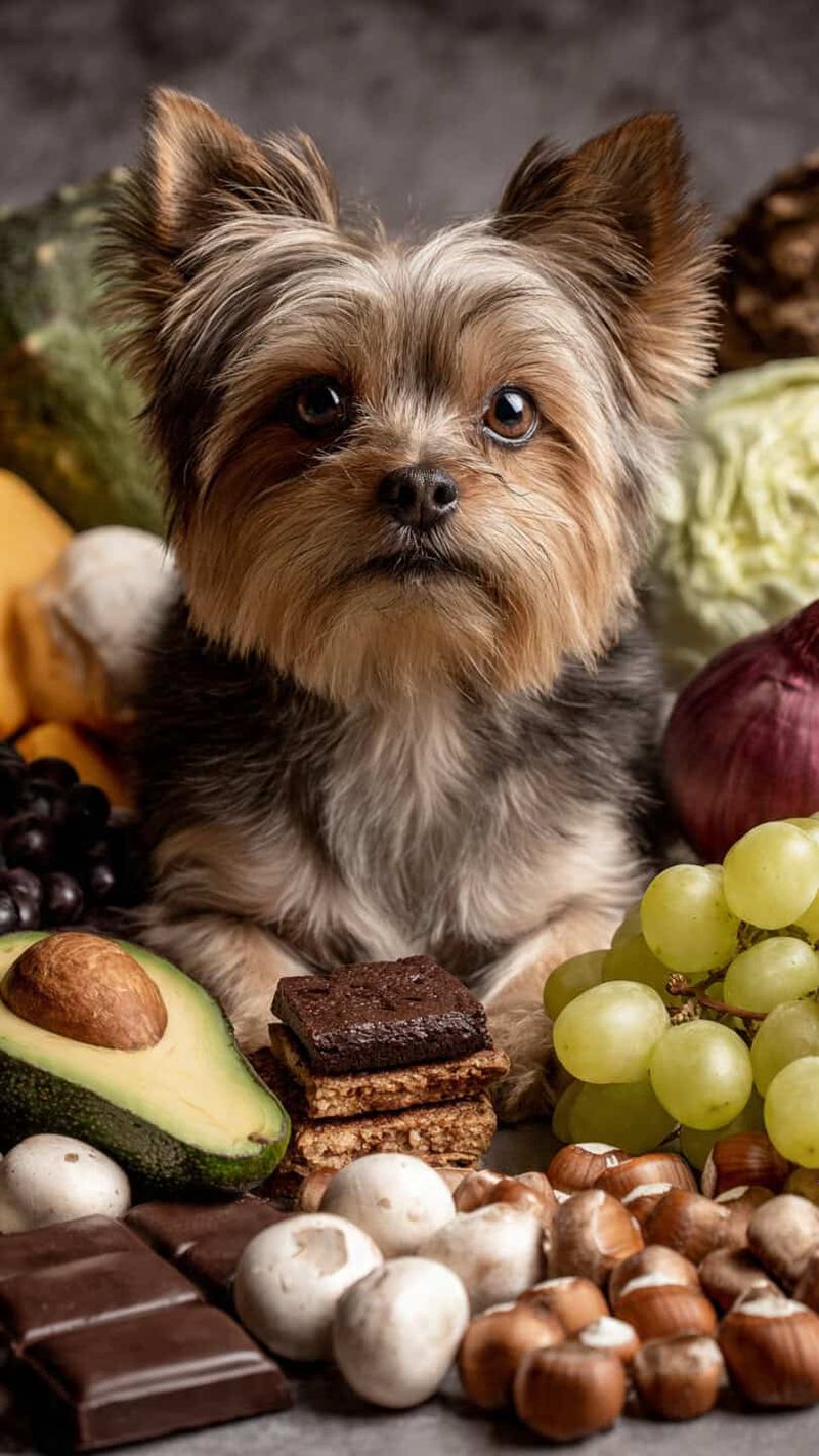 Perché alcuni cibi sono pericolosi per i cani: cibi tossici da evitare 4 Cagnolino con pelo morbido tra uva, avocado, cioccolato e frutta fresca, concentrato e affascinato.