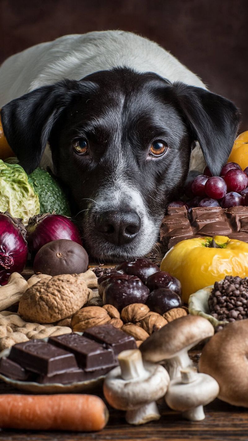 Perché alcuni cibi sono pericolosi per i cani: cibi tossici da evitare 3 Alt text: Cane con occhi vivaci circondato da frutta, verdura e cioccolato, evidenziando un'alimentazione naturale e sana per cani.