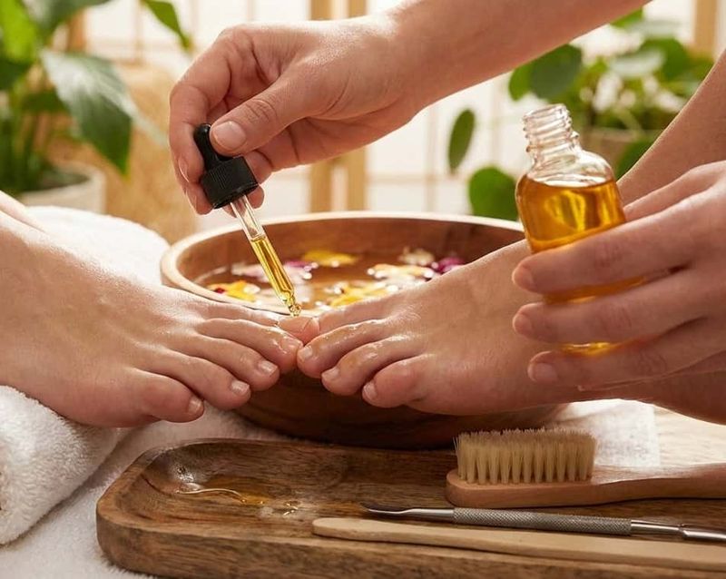 Perché Olio di ricino fa bene ai piedi (7 benefici da provare di notte) 5 Terapeuta che applica oli essenziali su un cliente in un ambiente di benessere naturale e rilassante, con piante verdi sullo sfondo.