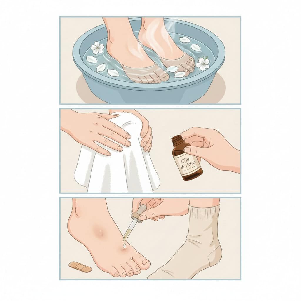 Testo alternativo: Immagine di un pediluvio con acqua profumata, una crema e un rimedio naturale per trattare problemi ai piedi, ideale per la cura e il relax dei piedi.