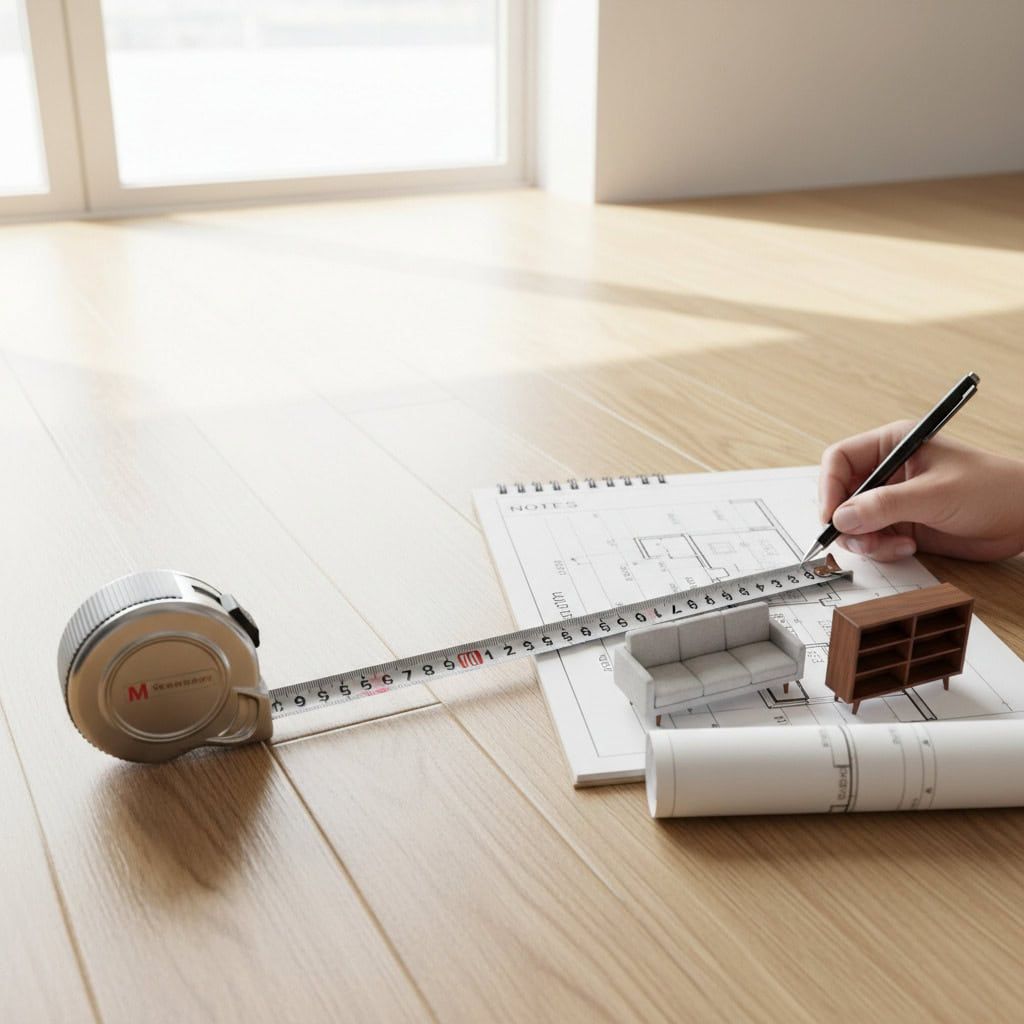 Alt text: Persona che disegna un piano di arredamento su blueprint con mini mobili, illuminato dalla luce naturale di una finestra. Utensili di progettazione come metro, carta e matita sono visibili.