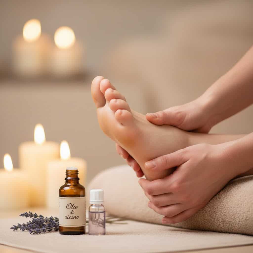 Massaggiatore professionista che effettua un massaggio rilassante ai piedi con oli aromatici, creando un'atmosfera di relax e benessere in uno studio spa con candele e aromi.