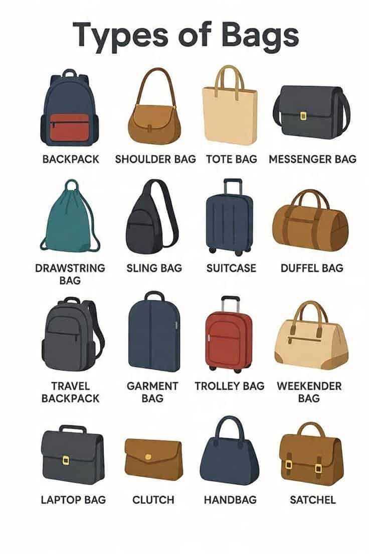 Come scegliere la borsa giusta? 16 tipi di borse donna. Descrizione di diversi modelli di borse e zaini, inclusi backpack, handbag, tote bag, messenger bag, e altri, ideali per viaggi, lavoro e uso quotidiano. Immagine utile per articoli su accessori moda e organizzazione bag.