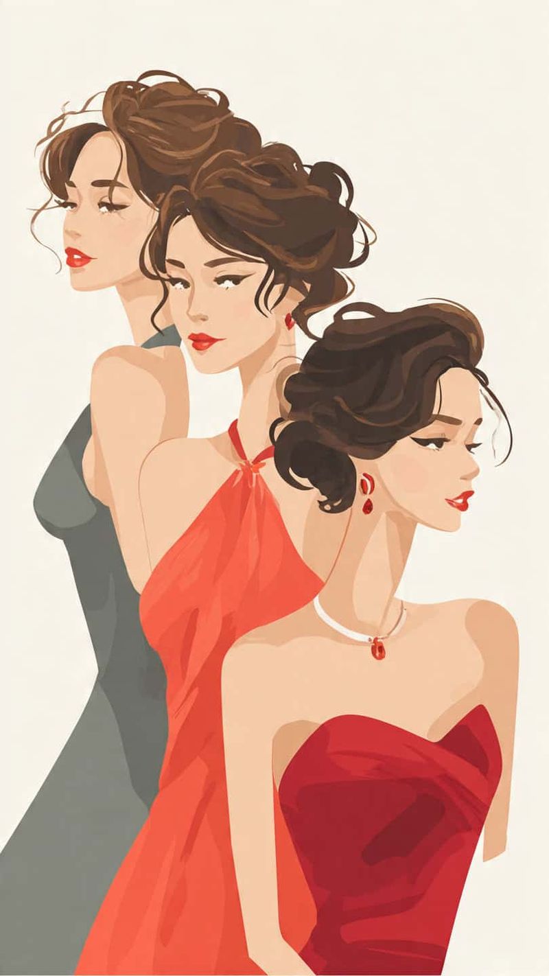 8 Tipi di Scollo donna con acconciature coordinati 7 Donna elegante con abito rosso, accessori di gioielleria, capelli mossi, trucco chic, moda femminile, stile glamour, raffinatezza.