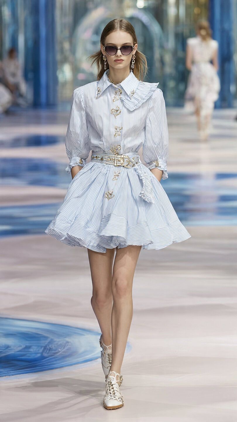 Modella indossa un abito estivo bianco con dettagli in pizzo e cintura, sfilando in passerella durante una fashion week.