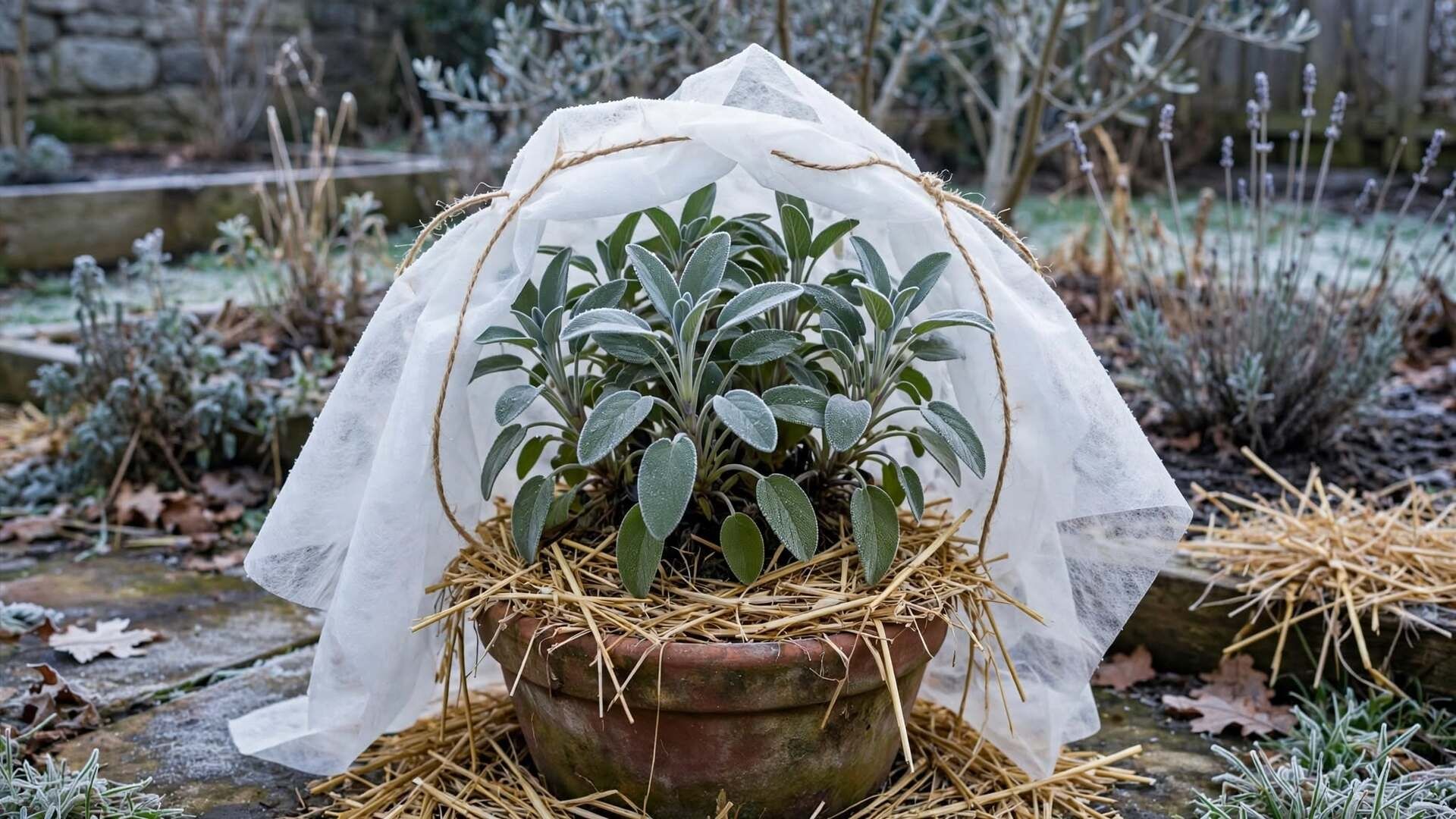 salvia in vaso di terracotta protetta dal gelo