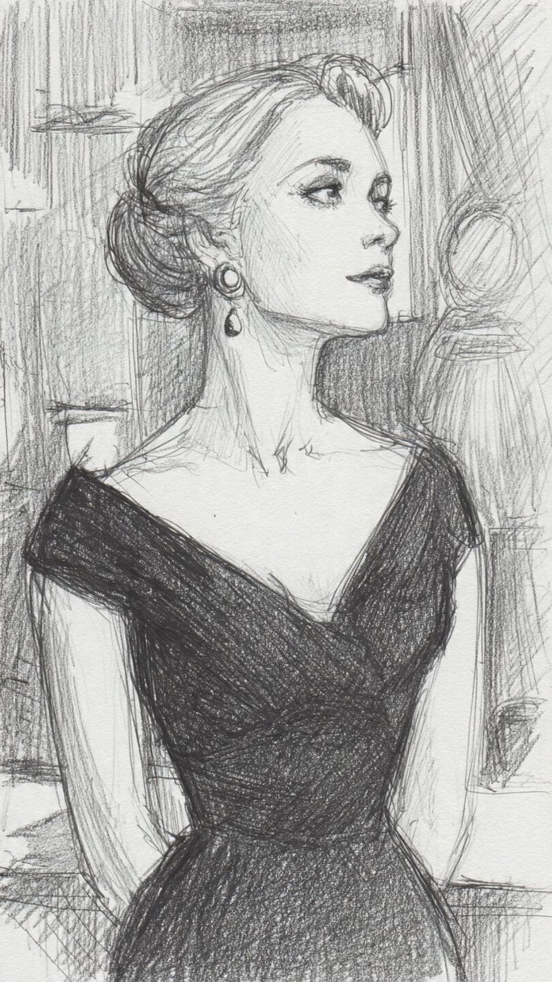 8 Tipi di Scollo donna con acconciature coordinati 3 Scollo a V Neckline. Creativa e sofisticata donna in abito nero con capelli raccolti, disegnata con tecniche di schizzi a matita, simbolo di eleganza e classe.