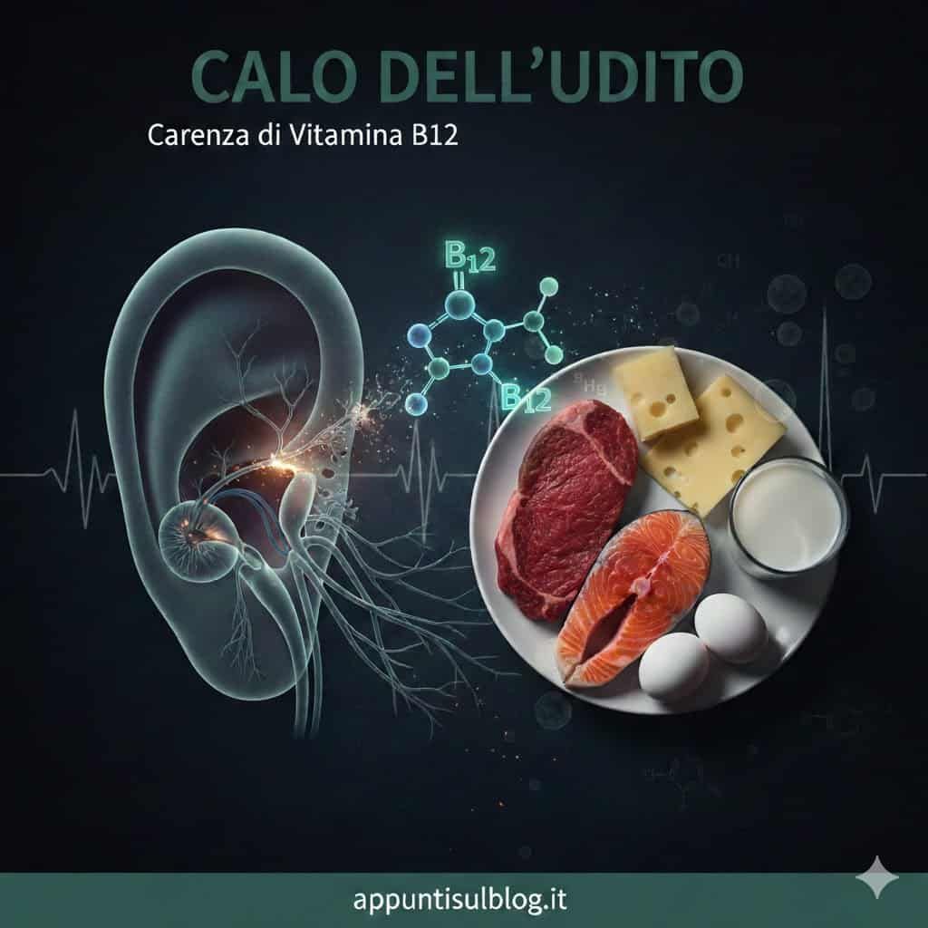 Immagine che evidenzia il calo dell'udito legato alla carenza di vitamina B12, con rappresentazioni grafiche dell'orecchio e alimenti ricchi di questa vitamina come carne, formaggi e uova.