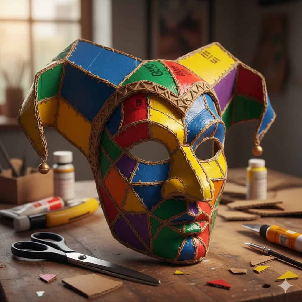 Maschera di cartone colorata e artistica, realizzata a mano