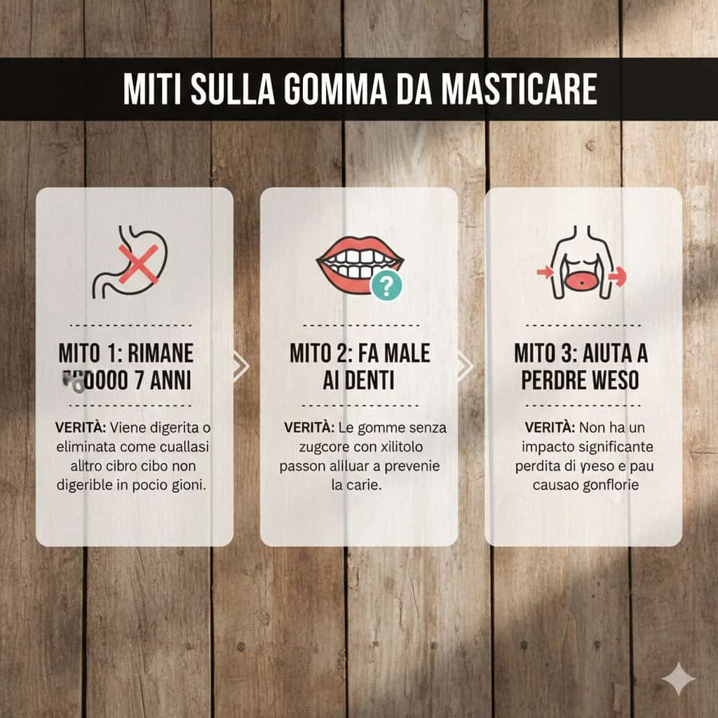 Infografica con tre miti sulla gomma da masticare, spiegando i falsi credenze più comuni e i fatti corretti riguardo a questa abitudine.