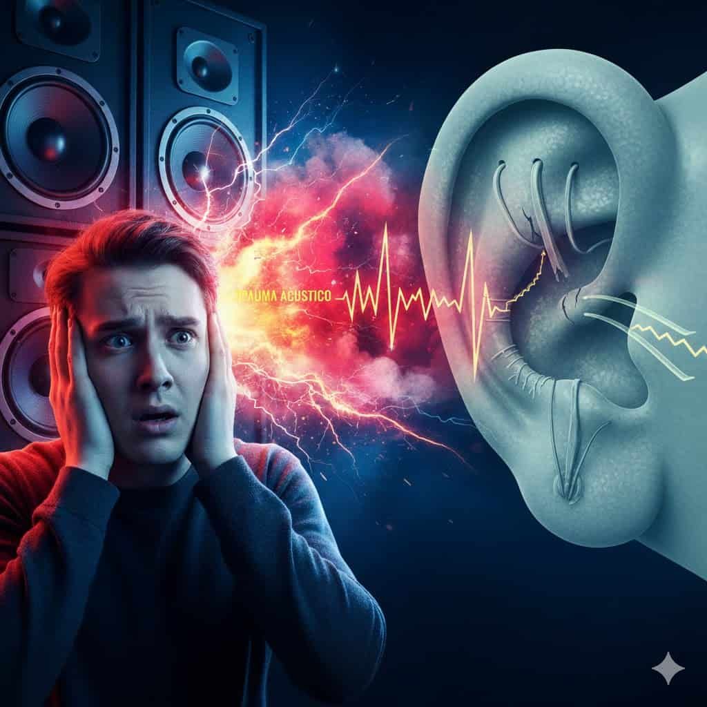 Immagine di una donna che si copre le orecchie mentre ascolta musica forte con altoparlanti in background, evidenziando il rischio di danni all'udito causati dal rumore eccessivo.