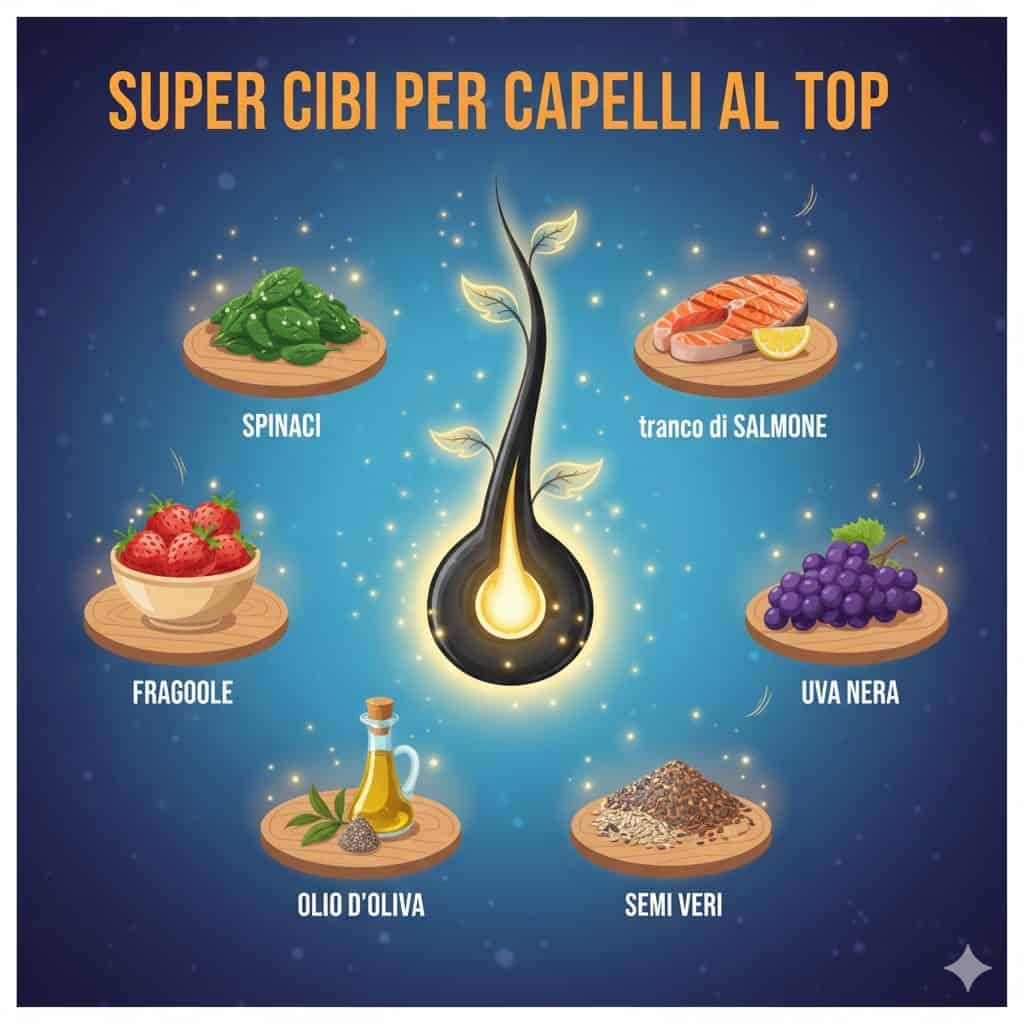 Immagine con alimenti naturali come spinaci, salmone, fragole, uva nera, olio d'oliva e semi veri, ideali per nutrire i capelli dall'interno e mantenerli sani e forti.