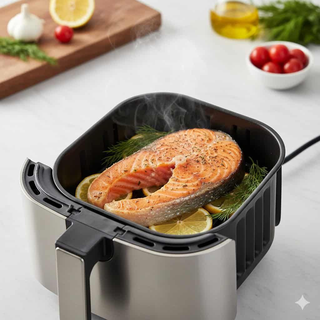 Salmone cotto al vapore in friggitrice ad aria con limone e erbe aromatiche, ideale per una dieta sana e ricca di proteine.