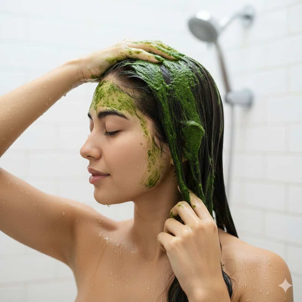 Donna con capelli ricoperti di maschera naturale verde, applicata durante la routine di cura dei capelli in bagno.