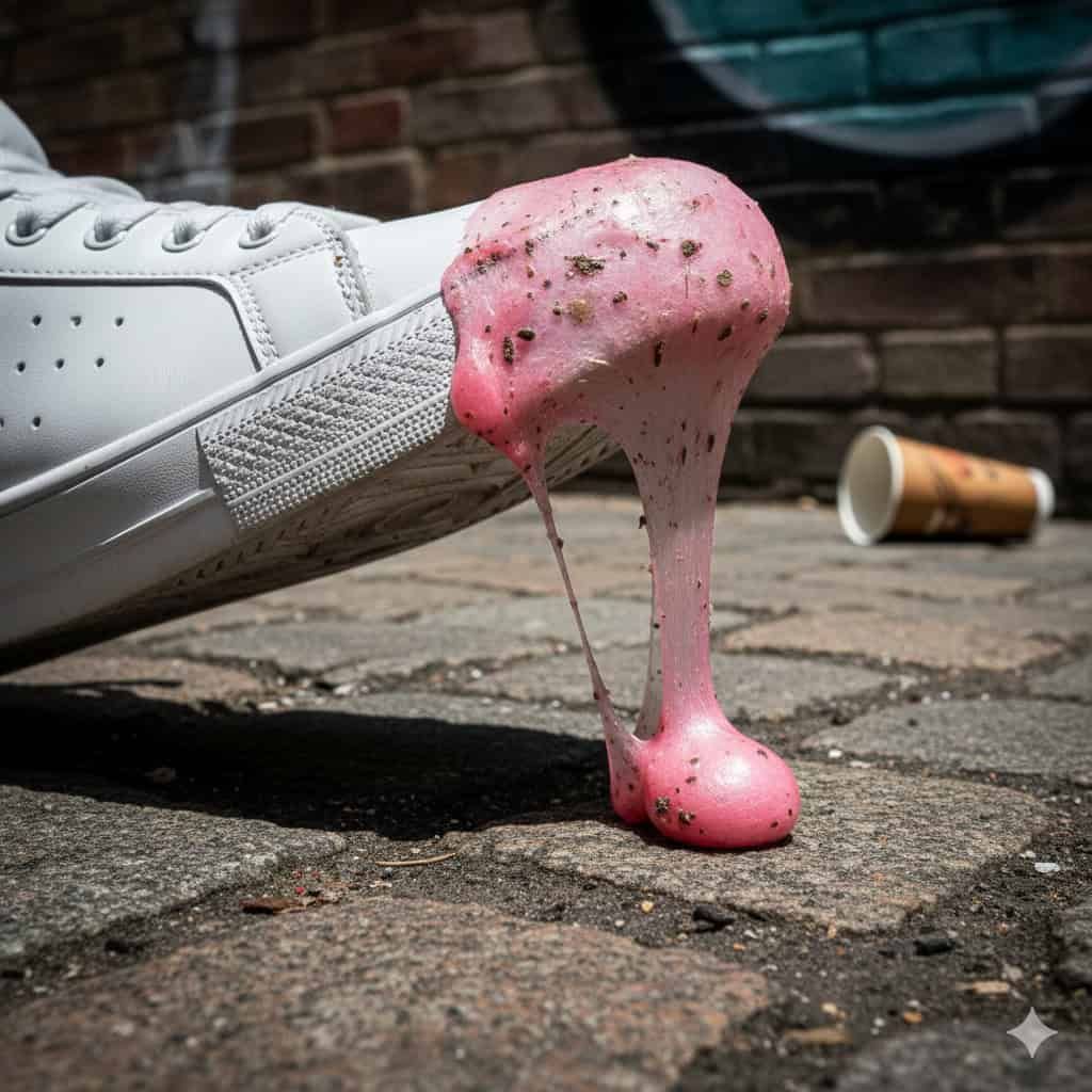 Scarpa bianca con gomma rotta e gelato rosa colato sul marciapiede, scena urbana con mattonelle e sfondo di muro in mattoni.