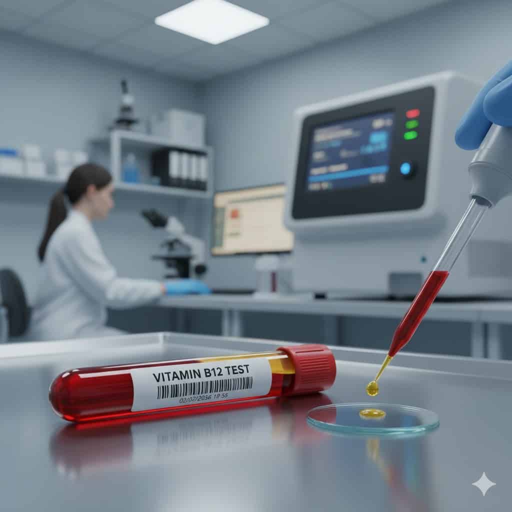 Test del sangue per vitamina B12 con pipetta e provetta in laboratorio medico.
