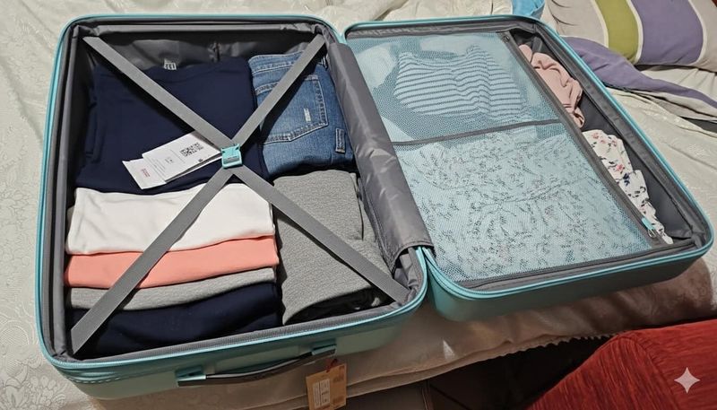 Check in e out: meglio usare una valigia leggera 7 Valigia aperta con vestiti piegati e organizzati, pronta per il viaggio.