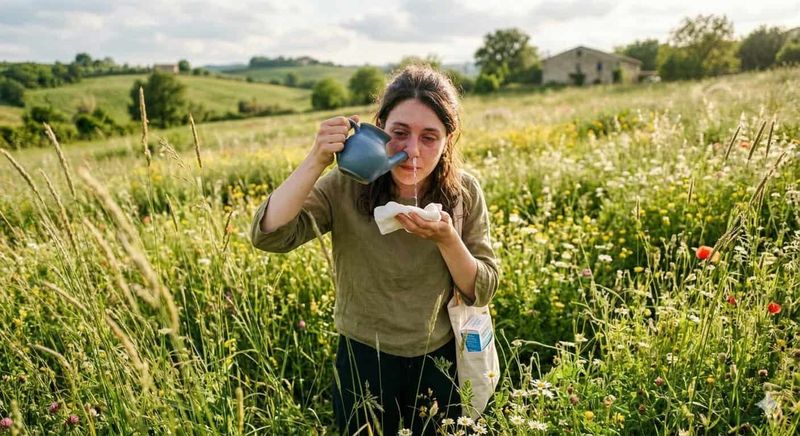 Come attenuare allergia con acqua 6 Donna che versa acqua in un bicchiere in un campo di fiori, ambiente naturale e tranquillo, perfetto per il benessere e il relax.