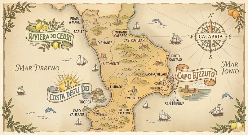 Dalle spiagge dorate della Puglia alle scogliere della Calabria, alla scoperta di un Sud che incanta 4 Mappa illustrativa delle spiagge dorate della Puglia e delle scogliere della Calabria, evidenziando le località turistiche e i tratti di costa più suggestivi del Sud Italia.