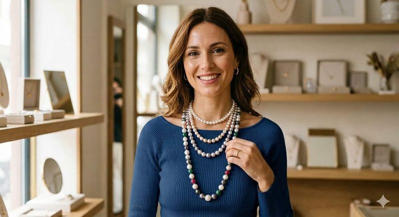 Collane di Perle: Eleganza senza tempo per ogni Stile 7 Collana di perle classica indossata da una donna sorridente in negozio di gioielli, evidenziando l'eleganza senza tempo delle perle adatte a ogni stile.
