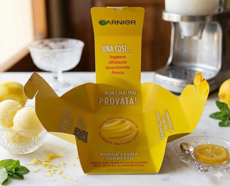 Perché provare la crema sorbetto di Garnier? 2 Confezione di crema sorbetto Garnier con texture fresca, idratante e opacizzante, ideale per una skincare leggera e rinfrescante.