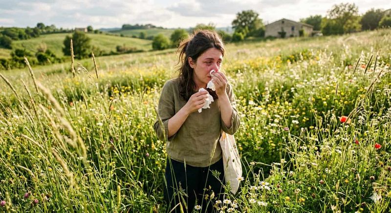 Come attenuare allergia con acqua 4 Donna che si copre il naso in un campo di fiori selvatici.
