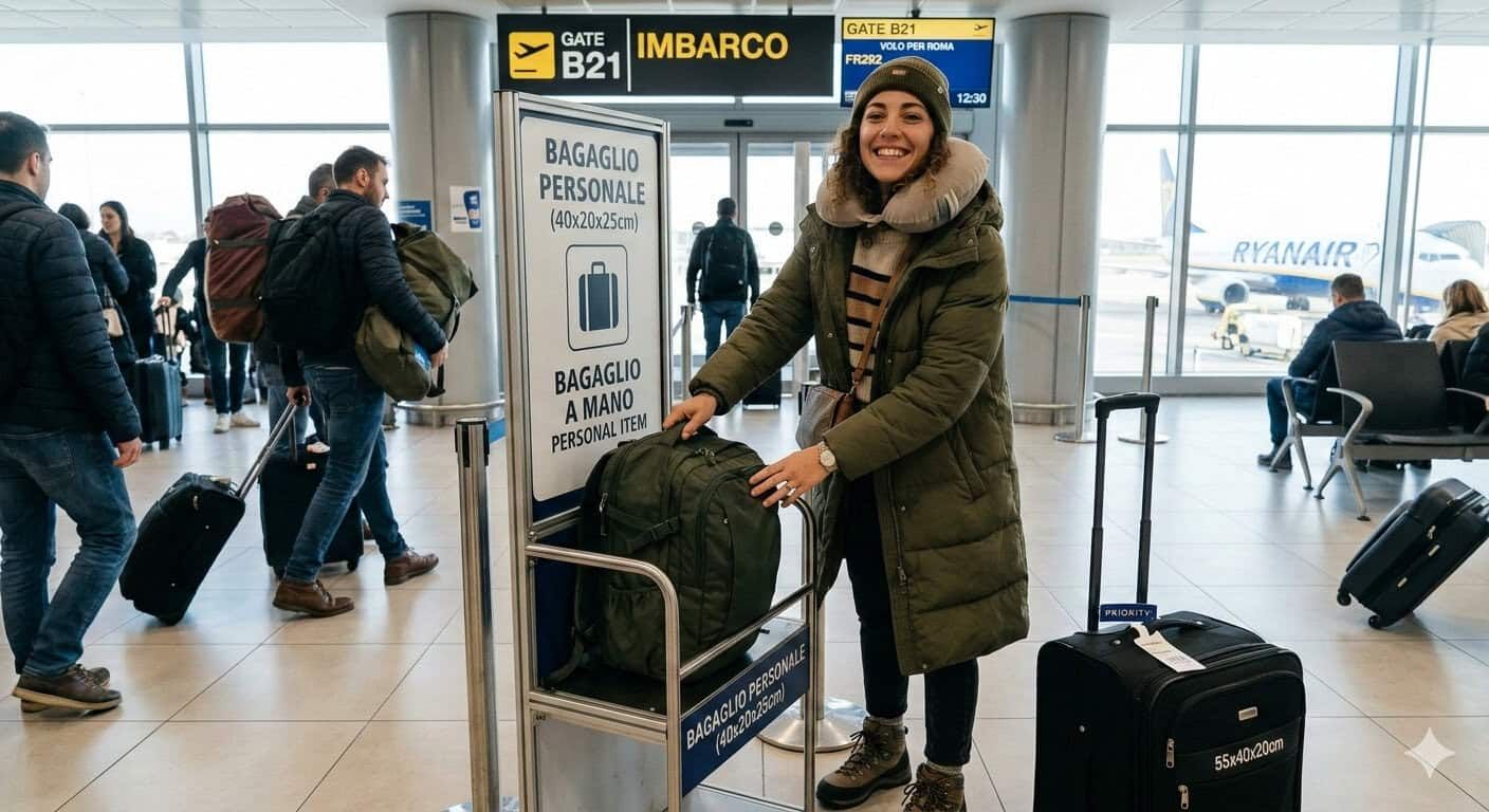 Donna sorridente in aeroporto con bagaglio a mano, pronta per il volo, vicino al cancello di imbarco B21, con altri passeggeri e aerei sullo sfondo.
