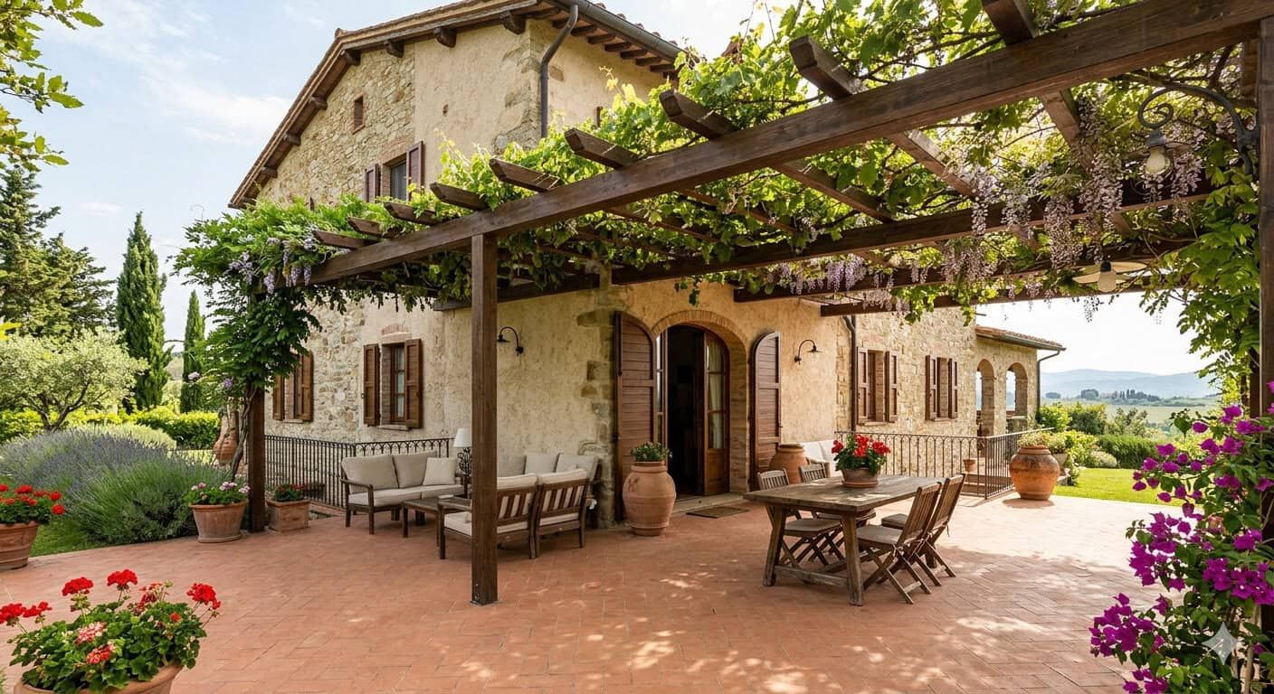 Veranda in legno da giardino con piante rampicanti, arredi rustici e atmosfera accogliente, ideale per trasformare lo spazio esterno in una stanza all’aperto. Perfetta per relax e convivialità.