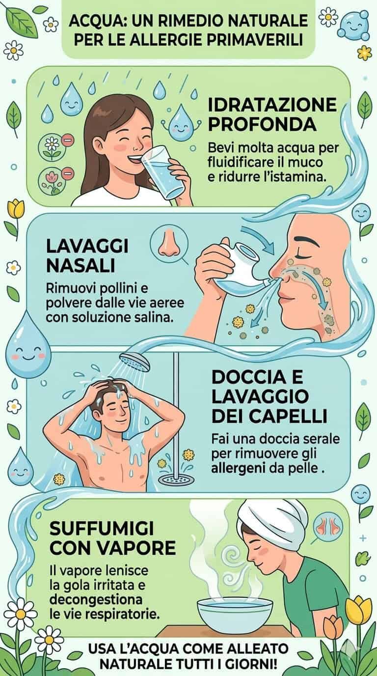 Come attenuare allergia con acqua 2 Allergie e acqua: Infografica con rimedi naturali per le allergie primaverili, tra cui idratazione profonda, lavaggi nasali, docce e vapori, e uso dell'acqua come alleato quotidiano.