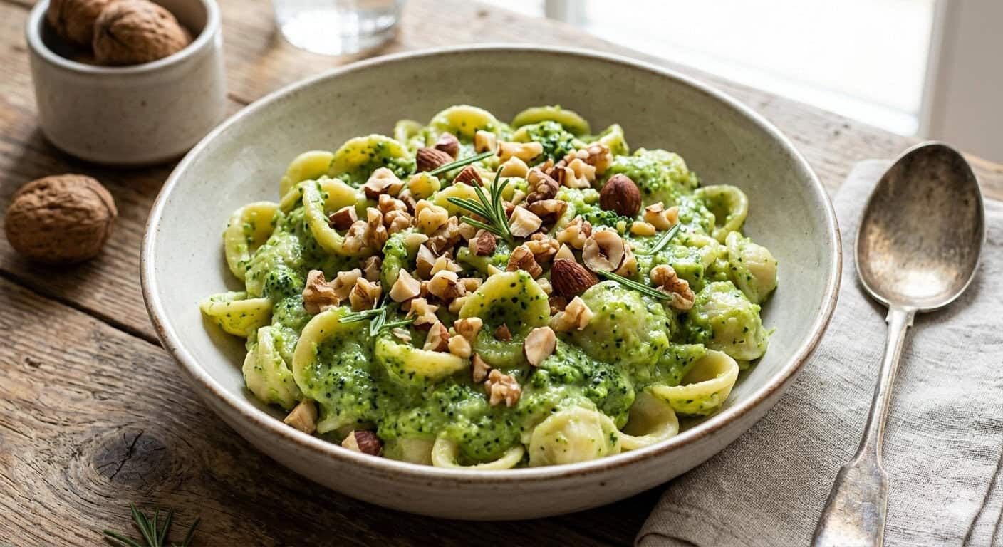 Pasta con crema di broccoli e frutta secca tritata