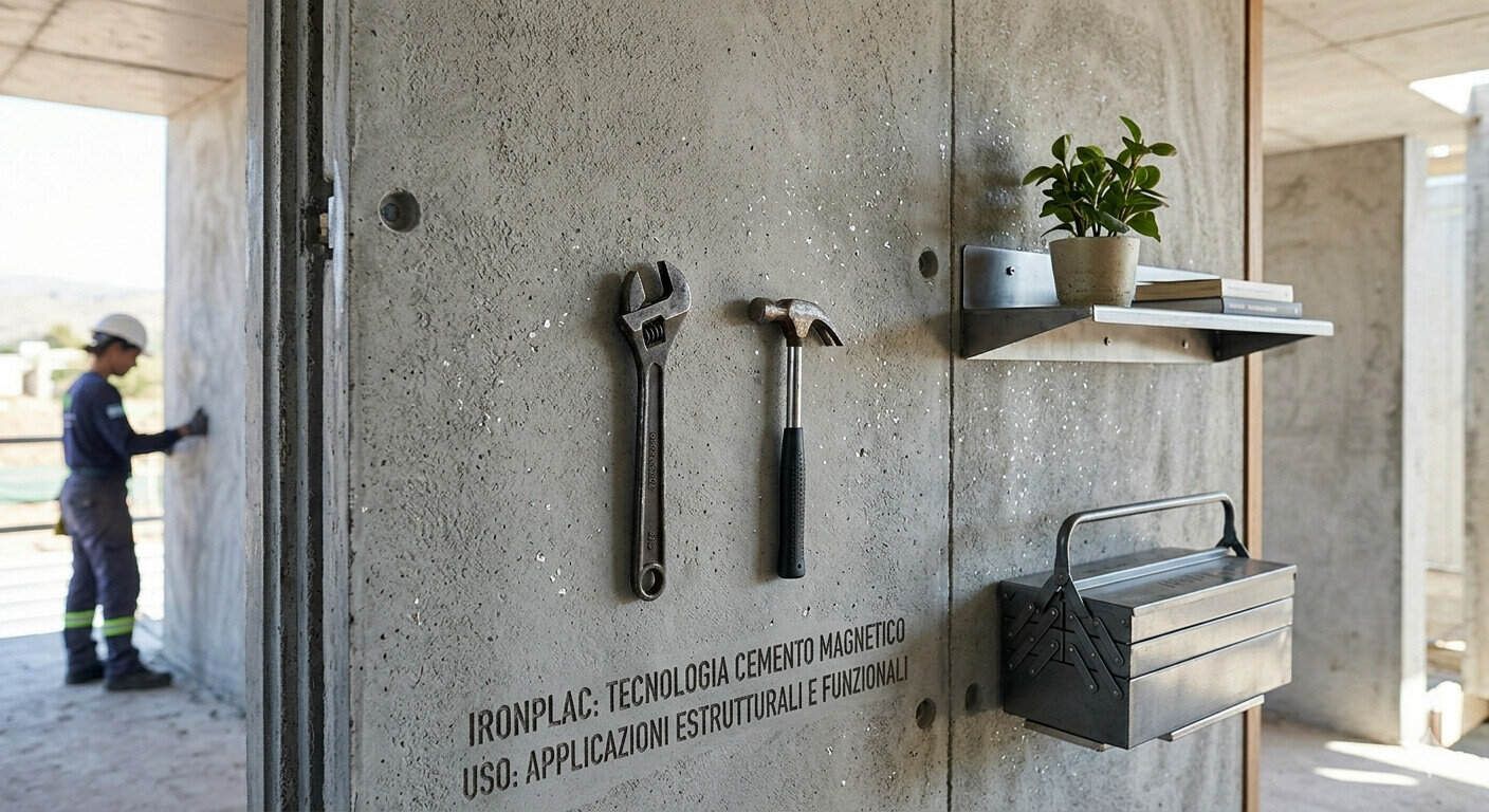 Immagine di un muro in cantiere con attrezzi come chiave e martello appesi, scaffale con piante e materiali, evidenziando tecnologie di costruzione e applicazioni strutturali.