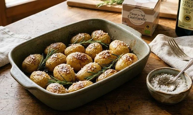 Sale della Bretagna per dieta vegana e bellezza 4 patate novelle al forno con rosmarino e sale di Guérande