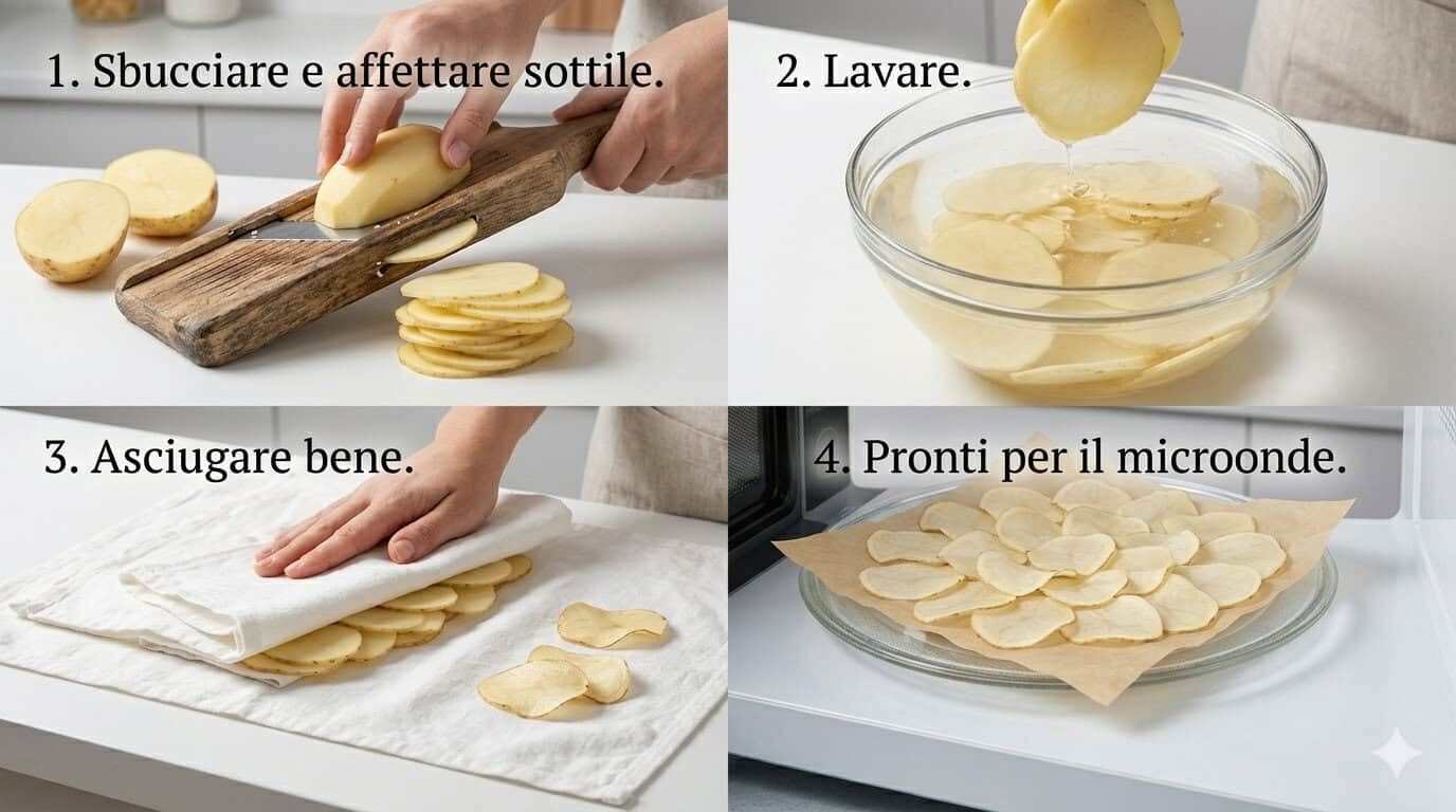 Preparazione di pasta fatta in casa, con fette di pasta da sbucciare, lavare, asciugare e disporre per la cottura al microonde.