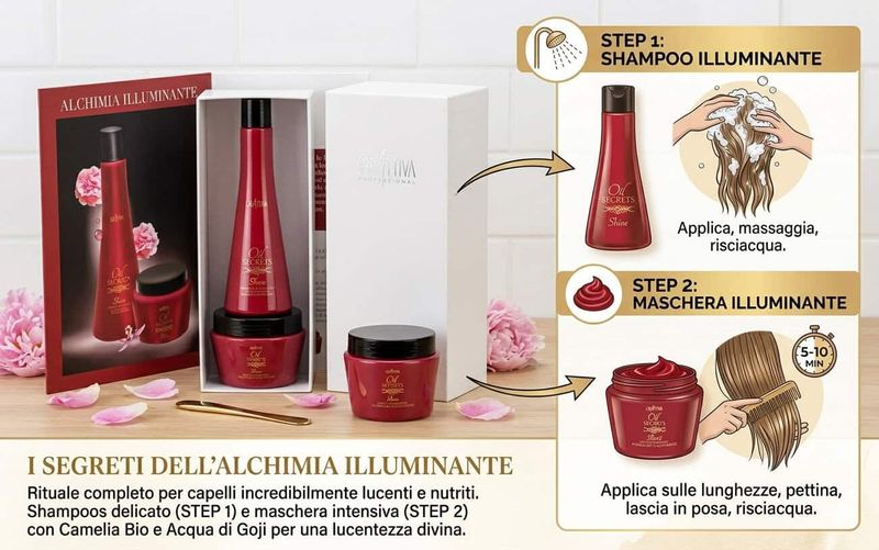 Creattiva Professional, capelli lucidi e morbidi come la seta 7 Prodotti per capelli illuminanti, shampoo e maschera intensiva, ideali per capelli lucenti e nutriti, con ingredienti naturali come Camelia Bio e Acqua di Goji.