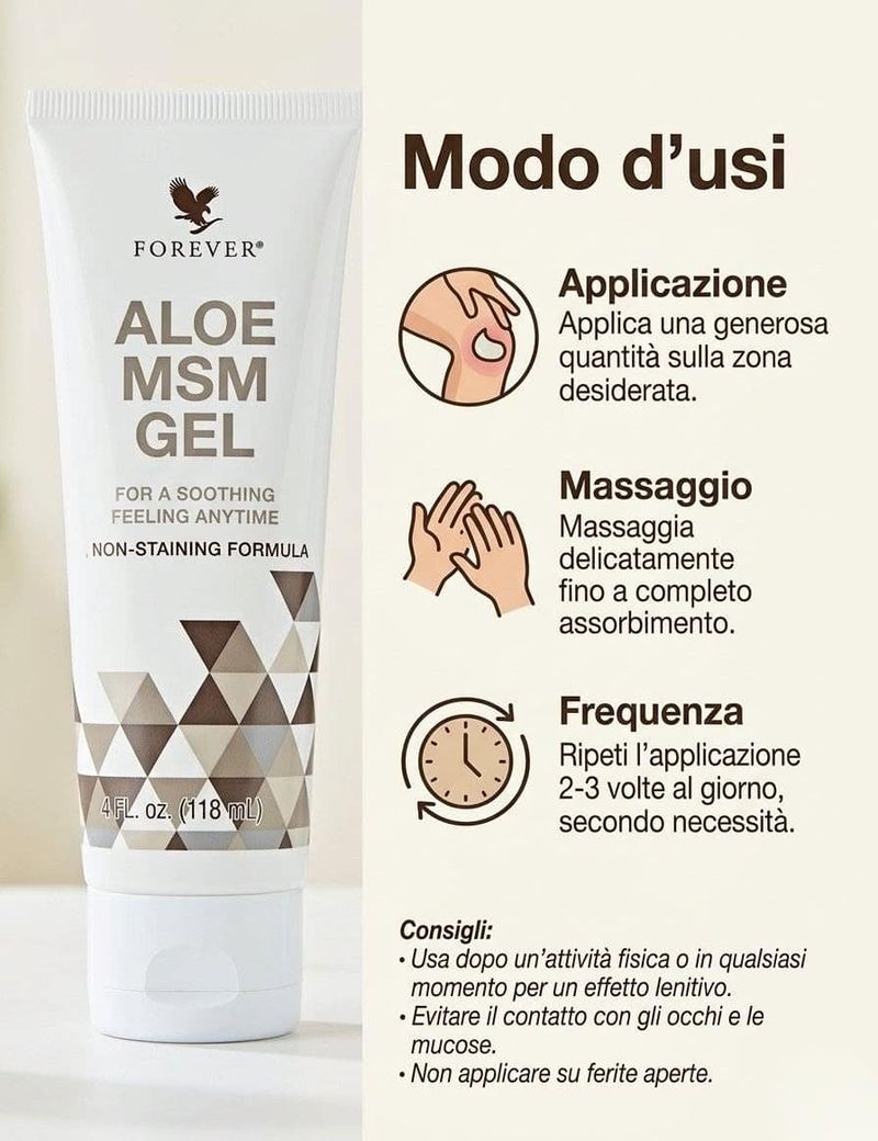 Trio Aloe Vera gel: MSM Gel, Cooling e Moisturizing lotion per pelle e benessere globale 3 Gel Aloe Vera MSM Forever per idratazione e sollievo della pelle, con istruzioni d'uso chiare e semplici.