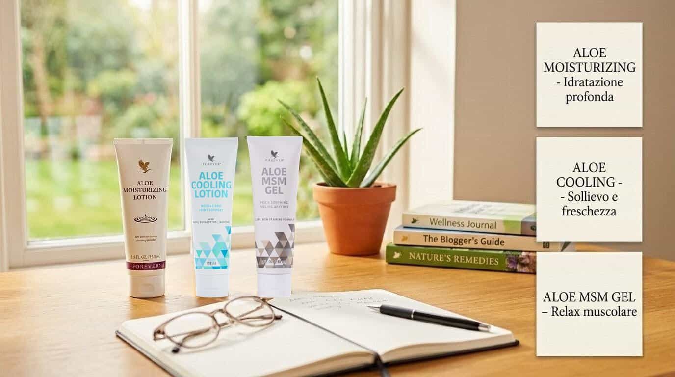 Trio di prodotti Aloe Vera: MSM Gel, Lozione Rinfrescante e Idratante, in un ambiente naturale con piante e libri.