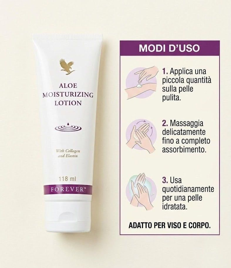 Locion Aloe Vera per idratazione e benessere della pelle, con istruzioni d'uso illustrate e testo in italiano.