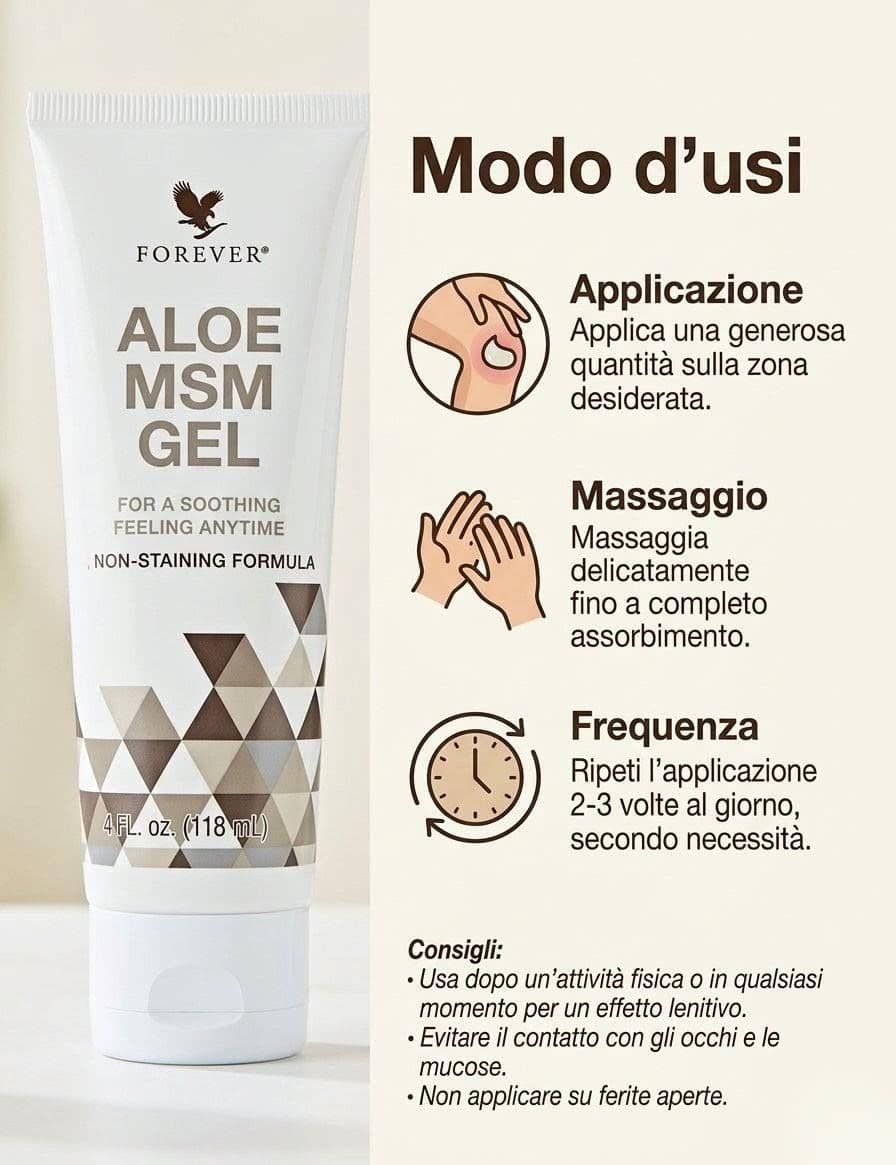Gel Aloe Vera MSM Forever per idratazione e sollievo della pelle, con istruzioni d'uso chiare e semplici.