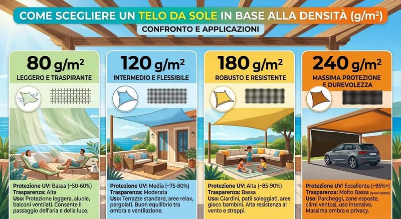 Telo Ombreggiante: come scegliere la densità giusta 3 Guida alla scelta del telo da sole in base alla densità, con esempi di utilizzo e caratteristiche di diversi tipi di tessuto.