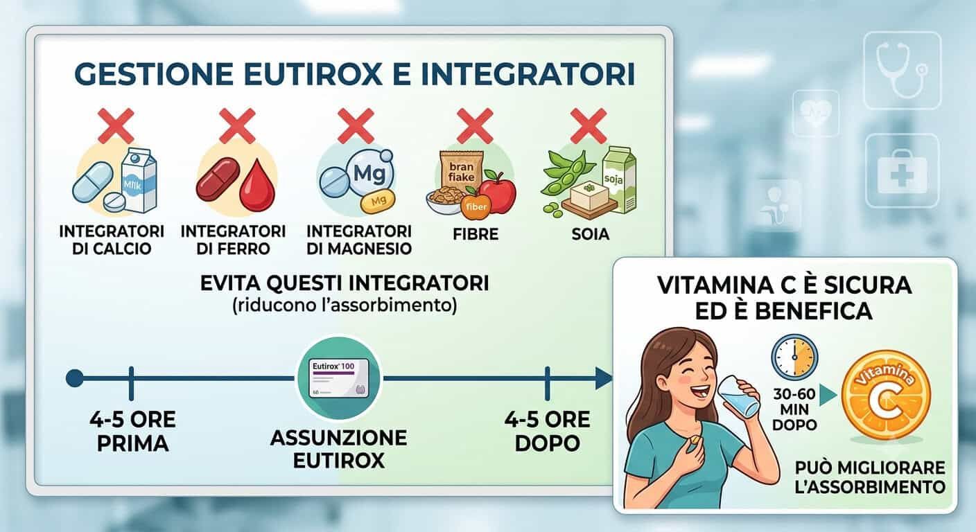 Evita integratori di calcio, ferro, magnesio, fibre e soia nelle 4-5 ore precedenti o successive all'Eutirox. Vitamina C è sicura e benefica (30-60 min dopo)