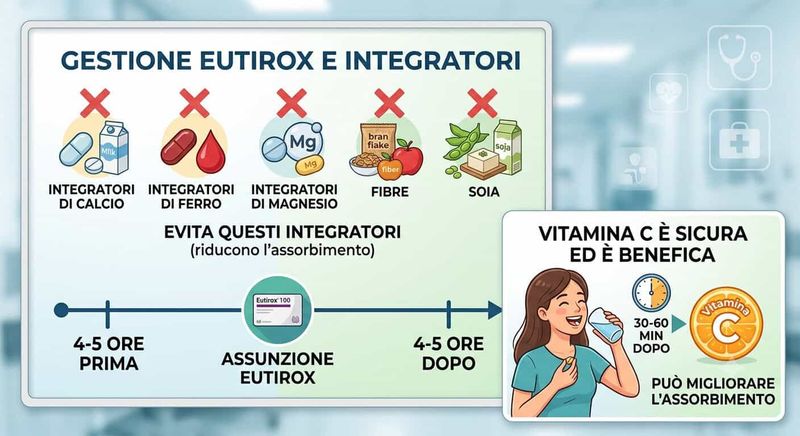 6 integratori da evitare con Eutirox 5 Evita integratori di calcio, ferro, magnesio, fibre e soia nelle 4-5 ore precedenti o successive all'Eutirox. Vitamina C è sicura e benefica (30-60 min dopo)